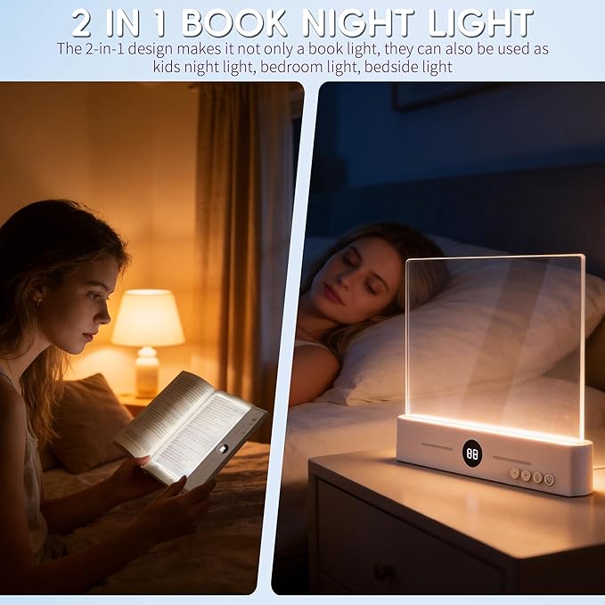 LED Book Light and Night Light 2 in 1, USB Rechargeable Clear Flat Book Light with 3 Colors & Timer, Dimmable Book Lights for Reading at Night, Scratch-Resistant, Eye-Care (Pink)