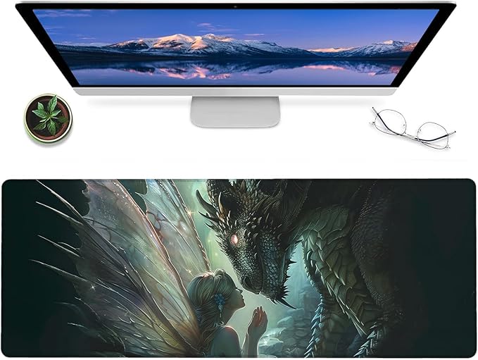 Enchanted Fairy and Ancient Dragon Gaming Mouse Pad,12x31.5in Non-Slip Rubber Magical Desk Mat,Large Extended Fantasy Mousepad for Office Home Laptop,Mice Pads Gifts,Game Lover Deskmat Decor