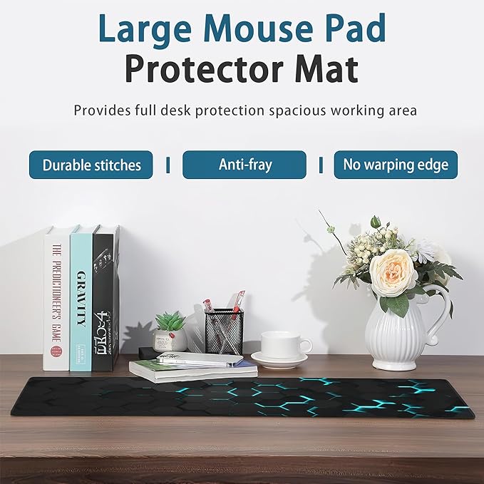 Gaming Mouse Pad, Blue Honeycomb Science Technology Extended Mouse Pad Gaming Large, Big Desk Mat with Non-Slip Base and Stitched Edge,Long Computer Keyboard Mouse Mat for Home Office Work 31.5"x15.7"