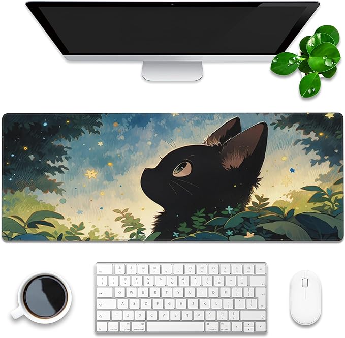 Desk Pad, Anime Cute Black Cat Extended Gaming Mouse Pad Large, 31.5"x11.8" Big Mouse Pad with Non-Slip Base and Stitched Edge, Long Computer Keyboard Mouse Mat for Home Office Work