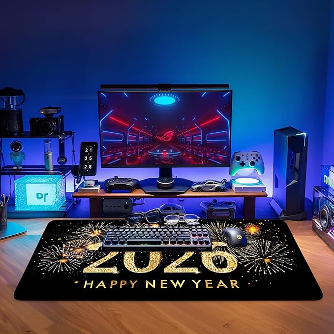 Happy New Year - 2026 Extended Gaming Mouse Pad 35.4x15.7Inch Large Desk Mat Anti-Slip Rubber Base & Durable Stitched Edges for Gamers Smooth Mouse Writing Surface for Desk Office/Home