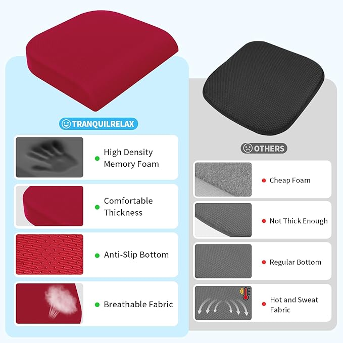 Large Seat Cushion, Memory Foam Cushion for Long Sitting Hours on Office Chair, Home & Car, Non-Slip Chair Pad for Relieving Back & Sciatica & Hip & Coccyx Pain (Red)
