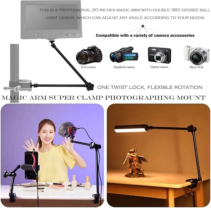 20" Magic Arm Clamp Kit with 1/4" & 3/8" Thread Clamp,Adjustable Friction arm- Articulating arm,with/Phone Clip/Tripod Mount Adapter,for Action Camera/DSLR/LCD Monitor/LED Lights/Cell Phone