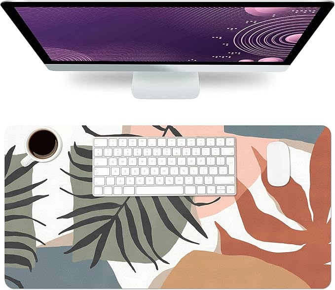 Desk Mat Large Protector Pad 23.6" ×11.8", Non-Slip PU Leather Desk Blotter, Waterproof Mouse Pad for Office Home Abstract Leaf