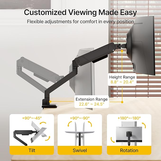 monTEK Single Monitor Arm with USB for Max 45 Inch Ultrawide Screens Adjustable Monitor Desk Mount Holds 35 Lbs Cable Management with C Clamp/Grommet Desk Mount, VESA 75/100mm