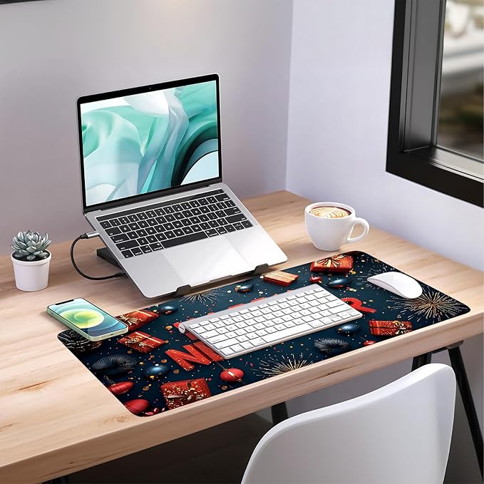 Happy New Year Extended Gaming Mouse Pad 35.4x15.7Inch Large Desk Mat Anti-Slip Rubber Base & Durable Stitched Edges for Gamers Smooth Mouse Writing Surface for Desk Office/Home