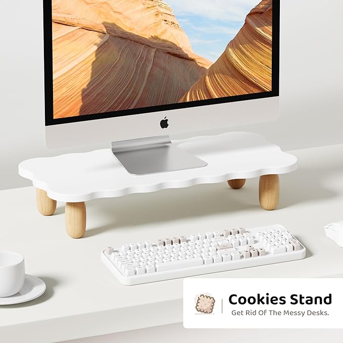 Monitor Stand Riser, Cookie-Shaped Sturdy Wood Computer Monitor Stand for Desk, Ergonomic Desk Stand, Multi-Purpose Desktop Organizer Riser for Computer, Laptop, Printer, TV, White