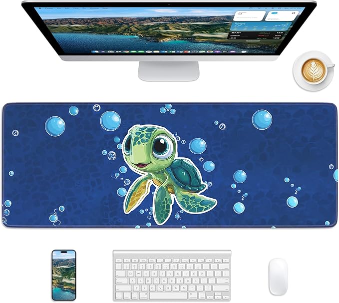 Turtle Mouse Pad, 31.5 x 11.8 Large Desk Mat with Stitched Edges & Non-Slip Base, Mousepad for Office, Home, Work, Cute Turtle