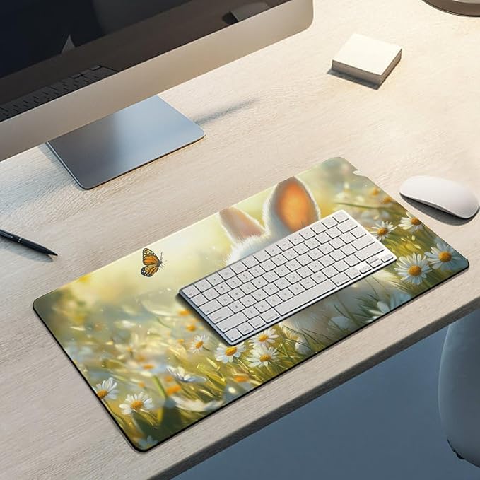 Large Ergonomic Gaming Mouse Pad Baby Bunny in Daisy Field - Sweet Rabbit Theme with Non-Slip Base Water-Resistant Surface and Stitched Edges 30x60cm