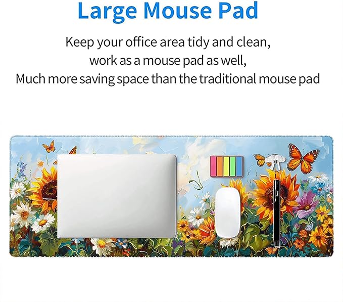 Sunflowers Butterfly Desk Mat Summer Flower Garden Mousepad XL Large Gaming Mouse Pad Laptop Keyboard Mat Desk Pad 31.5"x11.8" Office Home Decor for Women Girl