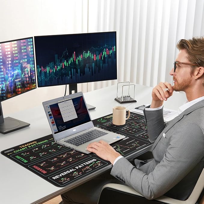 JIKIOU Stock Market Invest Day Trader Trading Mouse Pad Chart Patterns Cheat Sheet, Extended X-Large Computer Mouse Pad/Desk Mat with Stitched Edges Black 31.5x15.7 inch