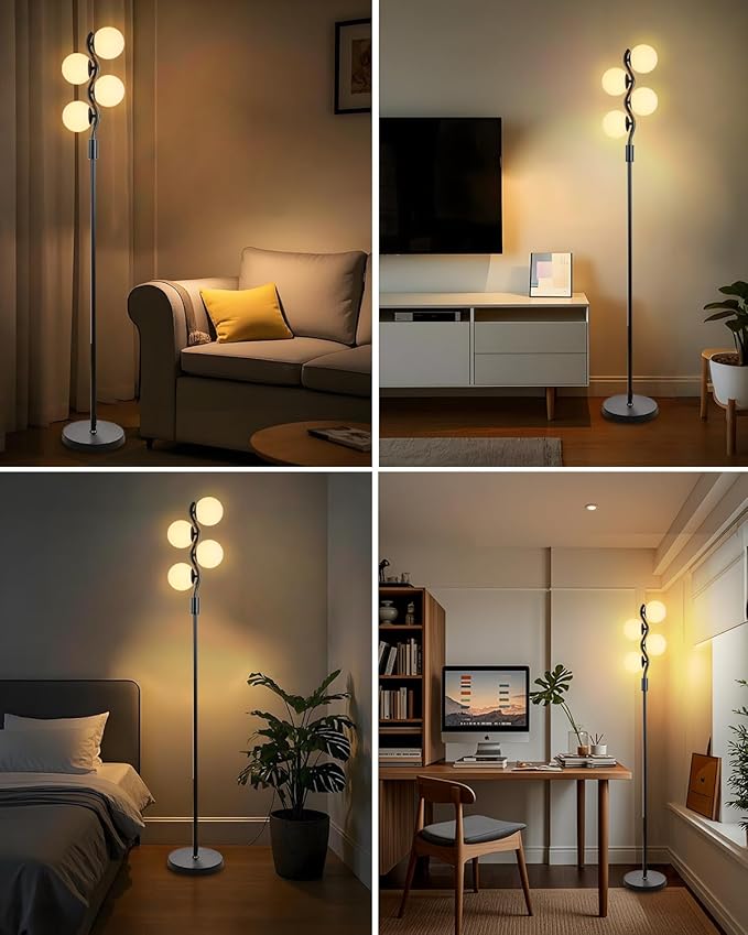 Lightdot Dimmable Globe Floor Lamp, Black Standing Lamps with 4pcs 3000K G9 Bulbs Soft Warm White Eye Care, Mid Century Floor Lamp for Living Room/Bedroom