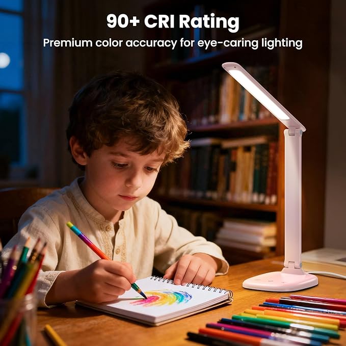 Desk Lamp with Charger, 10%-100% Stepless Dimmable & 5 Color Modes Study Lamp, Touch Control, 30-/60-minute Timer, USB Charging Output Port, CRI≥90, Eye-Caring Foldable LED Desk Lamps for Home Office
