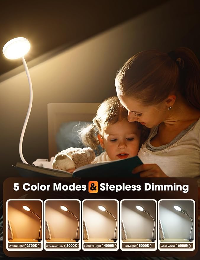 LiFMIRA Bed Lamp Clip on Light 8W 66 LED Reading Light for Bed, 5 Colors 10 Brightness Dimmable, Eye Caring Metal Reading Lamp, Clip lamp for Bed Headboard Desk Home Office Dorm(White)