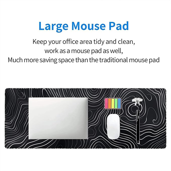 Topographic Map Desk Pad Mouse Pad Black White Minimalist Extended Gaming Mouse Pad Mat with Stitched Edge Non-Slip Base Big Mouse Pad 31.5"x11.8" Office Computer Keyboard Laptop Home