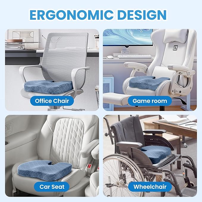 TushGuard Office/Car Seat Cushion, Non-Slip Sciatica & Back Coccyx Tailbone Pain Relief Chair Pad, Memory Foam Butt Pillow for Computer Desk, Wheelchair, Driving (Light Blue, X-Large)