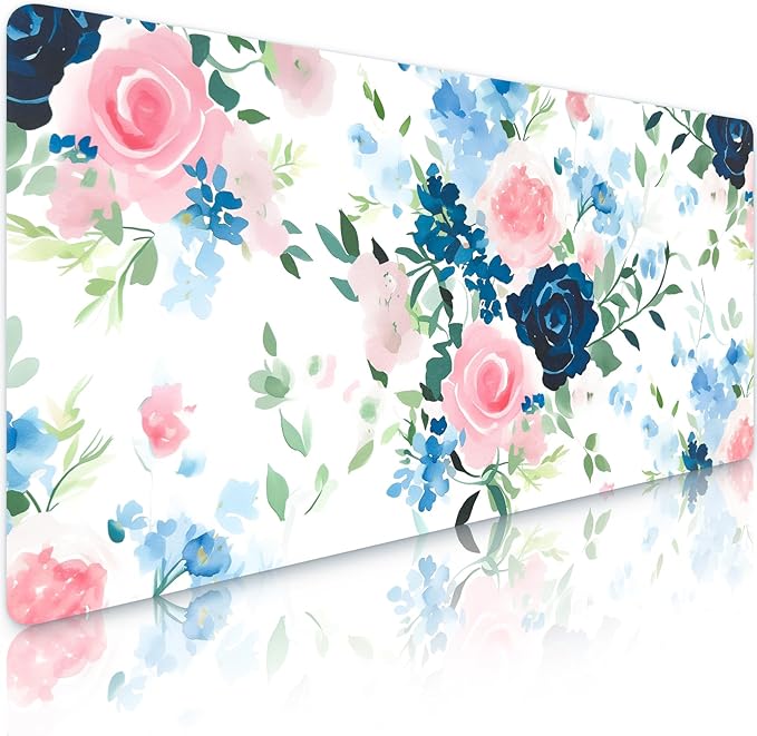 Bloss Pink+Blue Flower Desk Mat, Leather Desk Pad, Desk Matt for Desktop, Waterproof Desk Pad Mat, Computer Mat for Office Work/Home-31.5 x 15.7 Inches