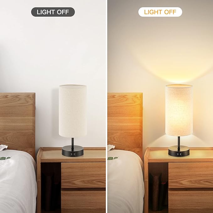 Touch Control Bedside Lamp with 2 USB Ports, 3-Way Dimmable Table lamp for Bedroom, Nightstand Lamp with Round Linen Fabric Shade for Living Room Home Office (E26 LED Bulb Included)