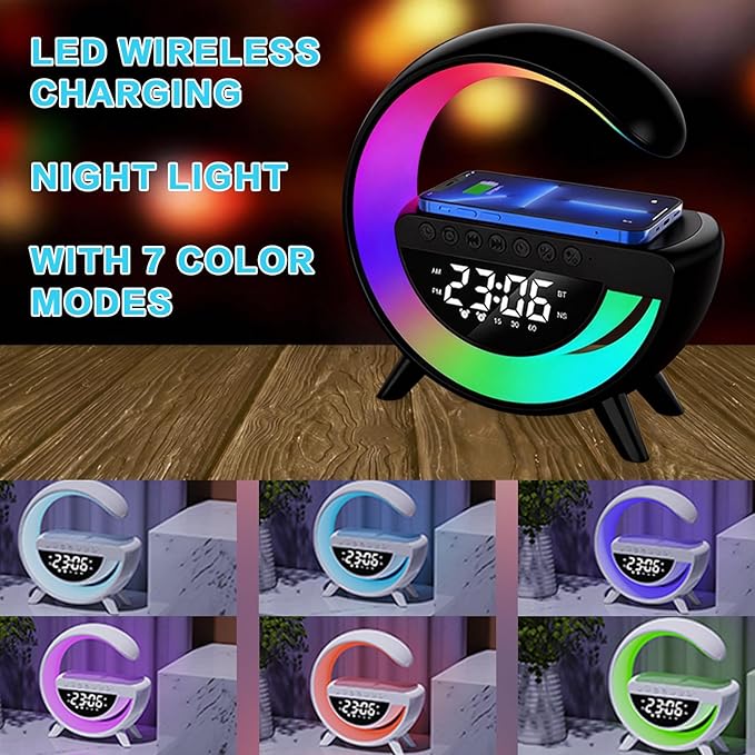 Smart Wireless Charging Table Lamp, Multifunctional Bluetooth Speaker & Alarm Clock - LED Bedside Desk Lamp Night Light for Heavy Sleepers, Superfine Bedroom Home Decoration (Black)