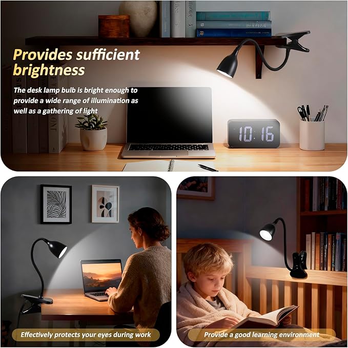 Desk Lamp for Home Office - Clip on Reading Light and Bed Headboard Clamp Lamp, Bedside Gooseneck Table Lamp, Clip on Desk Lamps, Eye-Caring Desk Lamp for College Dorm Room Study Lamp, Black