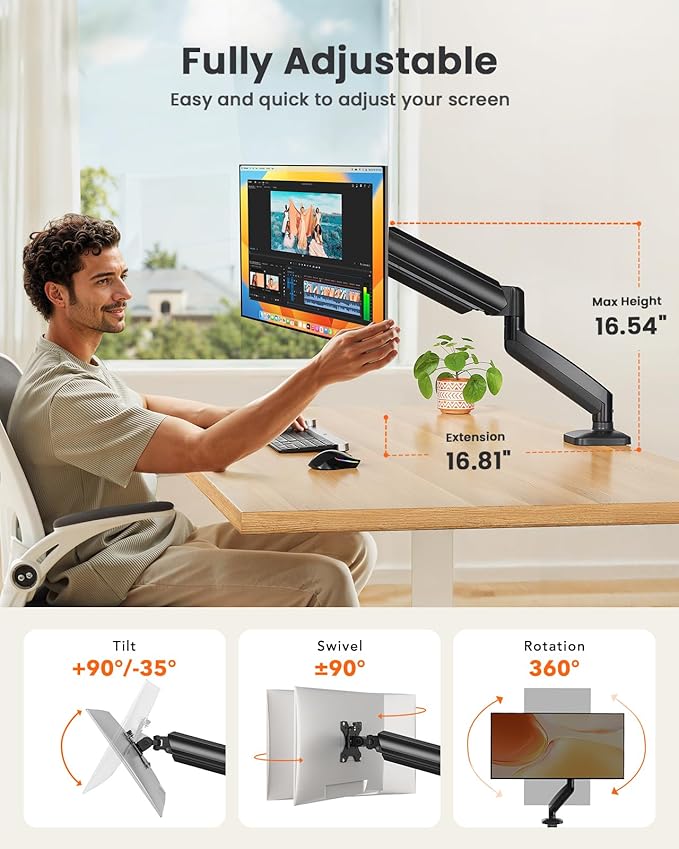 ErGear Single Monitor Arm, Adjustable Monitor Mount for 17–49 inch Screens, Computer Monitor Stand with VESA Mount, C-Clamp & Grommet Base, Max Load 22 lbs, Max VESA 100x100mm, EGSS25B