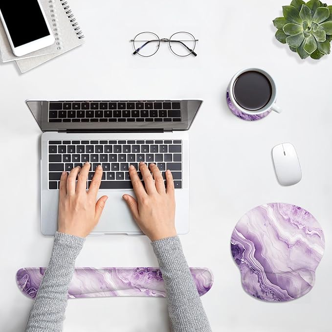 Britimes Purple Marble Gold Ergonomic Mouse Pad Set with Wrist Rest Non-Slip Rubber Base Wrist Cushion Support and Coasters Mousepad with Wrist Support for Computer Keyboard and Desk