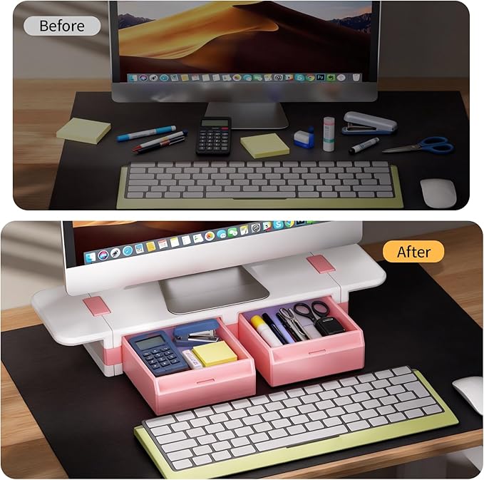 Desk Organizer and Accessories, Computer Monitor Riser Laptop Stand with Drawer Privacy Protection, Office Desk Accessories & Workspace Organizers for Office Supplies, Pink