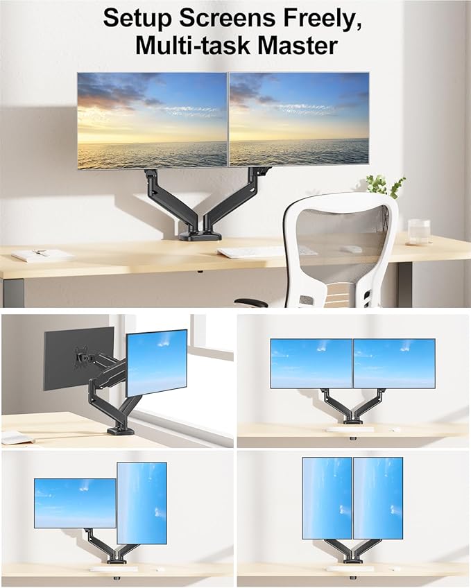MOUNT PRO Dual Monitor Mount Fits 13 to 32 Inch Screen, Height Adjustable Monitor Stand for 2 Monitors, Full Motion Display Arm Holds up to 17. 6lbs Each, Computer Desk VESA Mount, Black