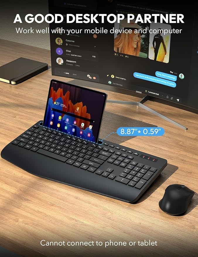 Wireless Keyboard and Mouse Combo - Full Size Ergonomic Wrist Rest, Silent Typing, Phone Holder, 2.4 GHz, 3 Level DPI, KM23D Set Compatible with PC, Laptop, Windows, macOS -SABLUTE