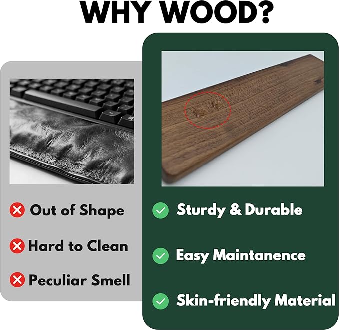 Walnut Wooden Wrist Rest Pad for 75% 80% TKL Keyboard, Ergonomic Solid Wood Hand Rest with Non-Slip Base, Stain Resistant Palm Support for Typing & Gaming (14.2“ L)