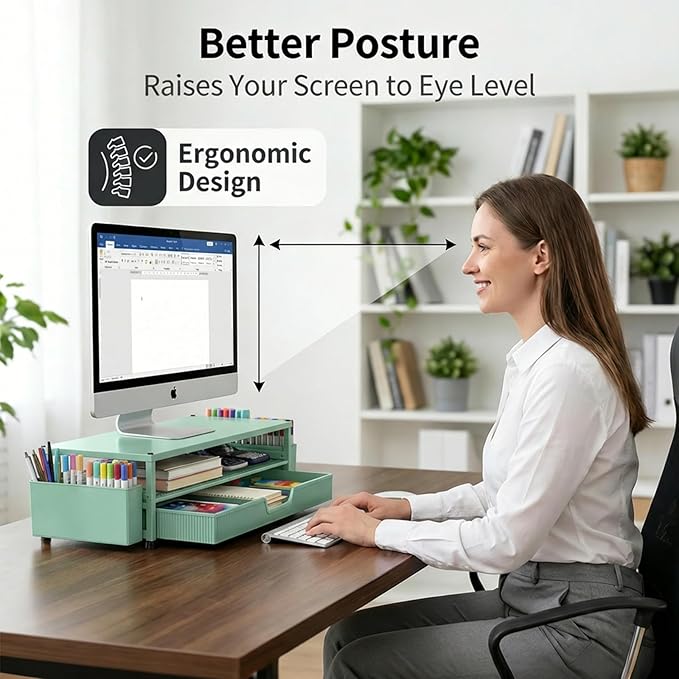 Desk Organizer and Accessories, 2-Tier Computer Monitor Stand Rise with Storage Drawer & 2 Pen Holders, Laptop & Printer Stand for Desktop, Workspace Organizers for Office Supplies (Green)