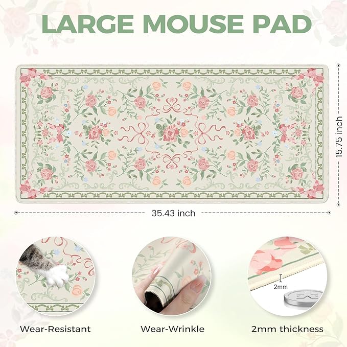 iCasso Green Desk Mat,Cute Desk Pad for Keyboard and Mouse,Anti-Slip Large Gaming Computer Mat XXL,Soft Lycra Surface Laptop Pad Women,Aesthetic Girly Desk Cover Protector for Home Office