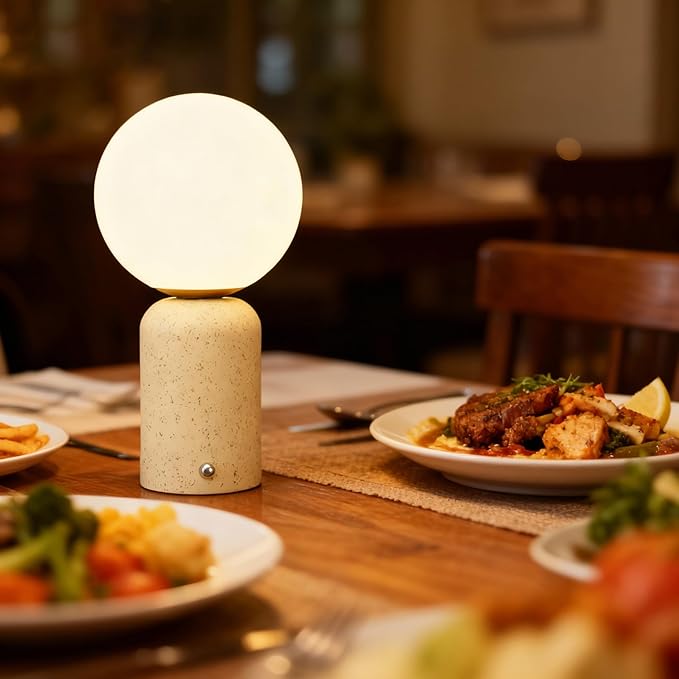 10.6 inch Mushroom Lamp, Cute Cordless Rechargeable Table Lamp with Glass Shade, 3 Color Temps LED Dimmable Ambient Lighting, Small Retro Touch Bedside Light for Decor, Resin Base.