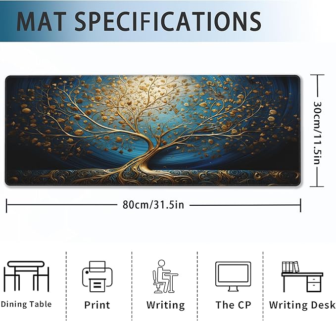 Desk Mat,Blue Golden Tree and Waves Extended Gaming Mouse Pad Large, 31.5"x11.8" 3D Modern Art Landscape Mouse Pad with Non-Slip Base and Stitched Edge,Computer Keyboard Mouse Mat for Home Office