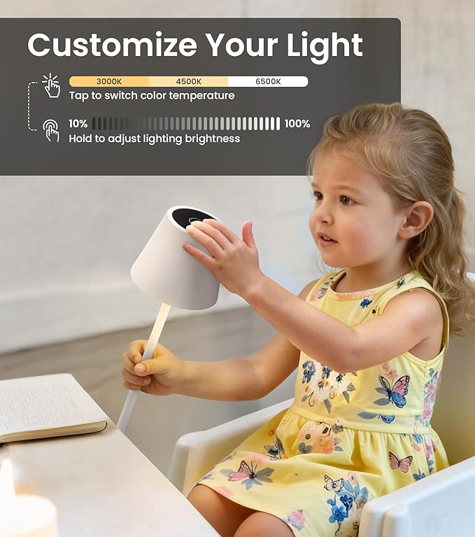 Cordless Table Lamp, Portable Battery Operated Lamp with 3 Color Temps and Stepless Dimming, Rechargeable Table Lamp for Dinner, Desk, Cafe, Outdoor (White)