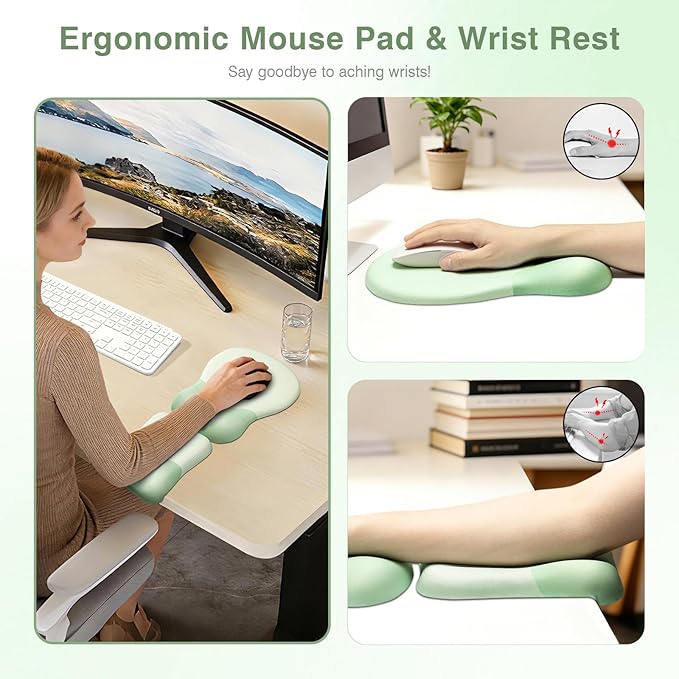 Ospelelf Mouse Pad with Wrist Rest Set Foam L-Shaped Desk Elbow Pad Ergonomic Desk Edge Cushion Anti-Slip Rubber Bottom Office Women Desk Accessories for Computer, Laptop and Gaming, Light Green