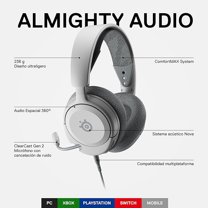 SteelSeries Arctis Nova 1 Multi-System Gaming Headset — Hi-Fi Drivers — 360° Spatial Audio — Comfort Design — Durable — Ultra Lightweight — Noise-Cancelling Mic — PC, PS5/PS4, Switch, Xbox - White