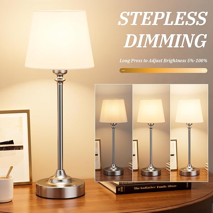 Kakanuo Cordless Table Lamps Rechargeable Set - 2 Pack Silver 4000mAH Battery Operated Lamps for Decor, 3000K Stepless Dimming Touch Wireless Lamp for Bedroom, Dining Table, Living Room, White Shade