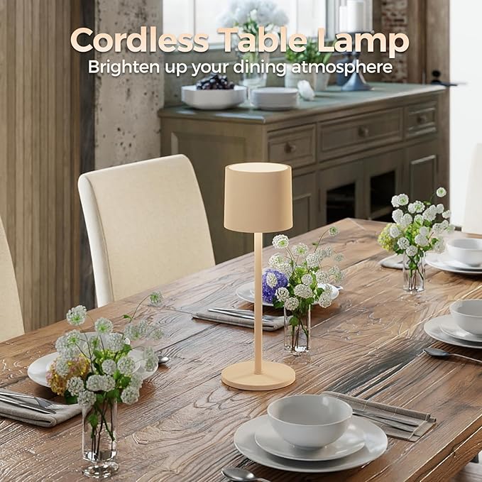 Cordless Table Lamp, Portable LED Desk Lamps, 4400mAh Battery Powered Wireless Table Light, 3 Color Stepless Dimming Up,for Restaurant, Bedroom, Outdoor Camping, Night Light (Sand)