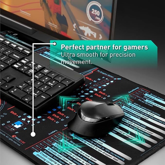 Windows, Office, Excel, Adobe Photoshop Shortcut Keys Extended Large Mouse Pad | Gaming Desk Mat for PC. Stitched Edge Non-Slip Base Mousepad, Keyboard Mat