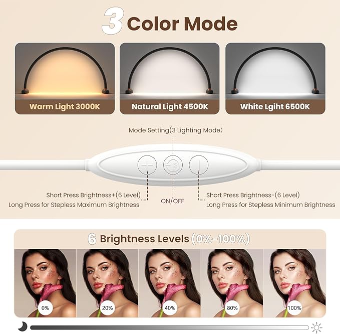 Yokilly Arc Half Moon Light: 20" Half Moon Light with Foldable Bracket for Desk Salon Table Use - No Flicker & Shadow-Free Desk Lamp with Stepless Brightness 3000-6500K for Manicurist Nail Tech