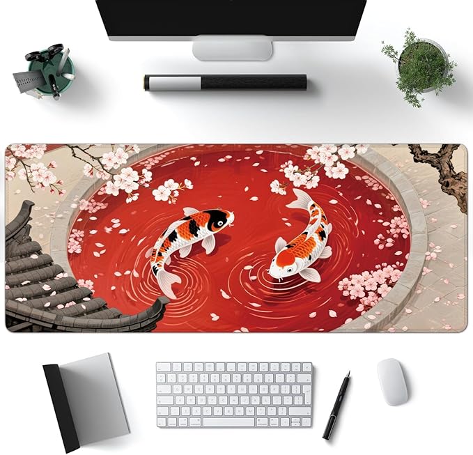 Desk Mat, Japanese Koi Fish XXL 35.4"x15.7"Large Gaming Mouse Pad, 3mm Thick Gaming Keyboard Pad,Desk Pad Non-Slip Rubber Base with Stitched Edges for Office Game Home Decor