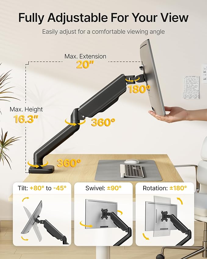 monTEK Single Monitor Arm Fully Motion Adjustable Monitor Mount Fits 17-32 inch Screens Desk Monitor Stand up to 19.8lbs with Clamp/Grommet, Cable Management, Quick Release Plate, VESA 75/100mm