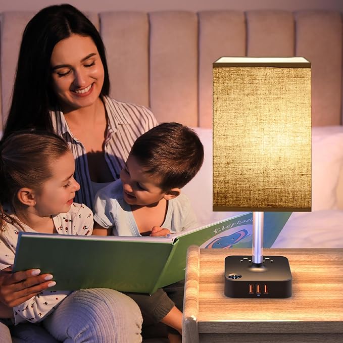 Bedside Table Lamp - Touch 3 Way Dimmable Lamp with 3 USB Charging Ports & 2 AC Outlets, Square Base Rectangular Flaxen Shade, Bedroom, Office, Dorm, Decor, LED Bulb Included (Black-Brown)