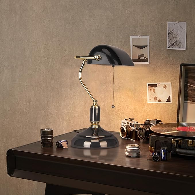 FIRVRE Bankers Desk Lamp with Pull Chain Switch Plug in Fixture, Black Glass Shade Desk Lamps, Golden and Black E26 Base, Traditional Library Lamp for Office,Piano,Study Room