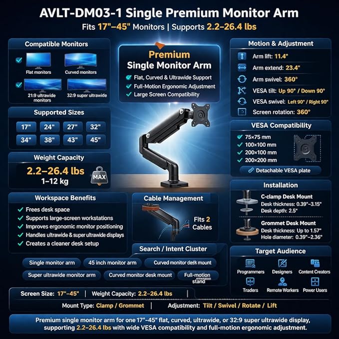 AVLT Single 17"-45" Monitor Arm Desk Mount Premium Mechanical Spring fits One Flat/Curved/Ultrawide Monitor Full Motion Height Swivel Tilt Rotation Adjustable, Gray