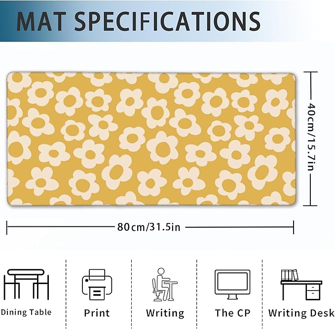 Desk Mat, Vintage Groovy Yellow Flowers Extended Gaming Mouse Pad Large, Big Desk Mat with Non-Slip Base and Stitched Edge, Long Computer Keyboard Mouse Mat for Home Office Work 31.5"x15.7"
