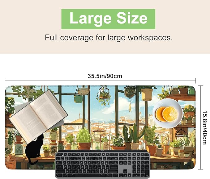 Desk Mat, XXL Extended Gaming Pad for Desktop, 35x16 Inches Cat Lover Kitty in Window with Houseplants, Large Non-Slip Vegan Leather Surface with Stitched Edges, Keyboard Mouse Mat for Home Office