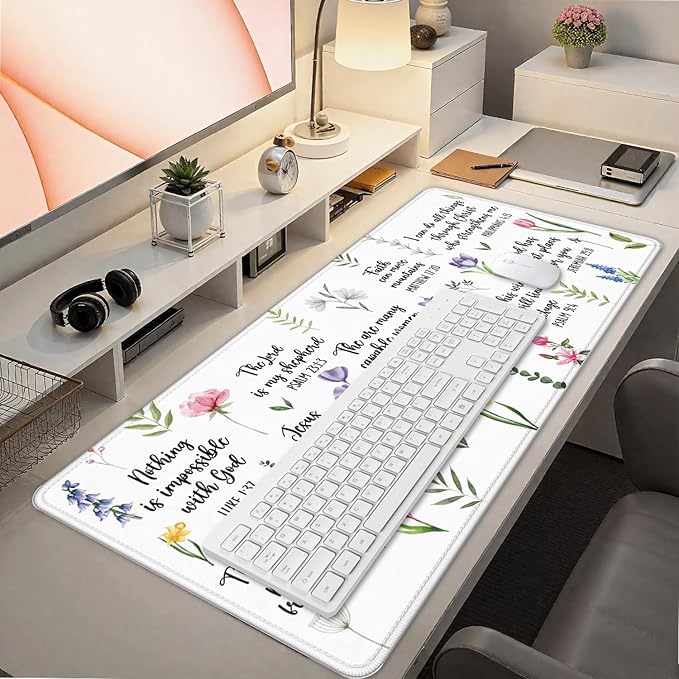 Christian Inspirational Floral Large Mouse Pad 31.5x15.7inch, Religious Bible Verse Large Extended Computer Desk Mat Mousepad for Keyboard and Mouse, Christian Desk Accessories