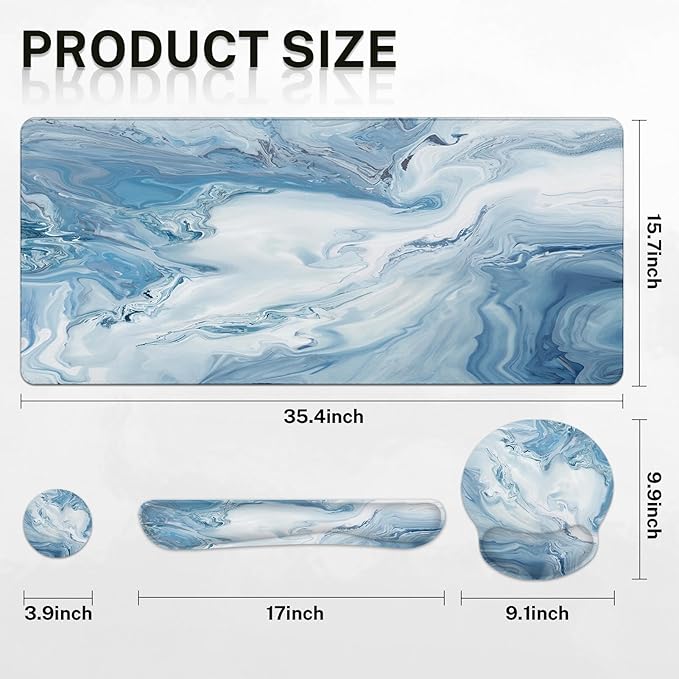 Arttown Blue White Gradient Desk Mat Abstract Ocean Marble Mouse Pad Set 4 in 1 Ergonomic Design Large Mousepad + Keyboard Wrist Rest + Mouse Wrist Rest + Coaster Suitable for Home Office Study Game